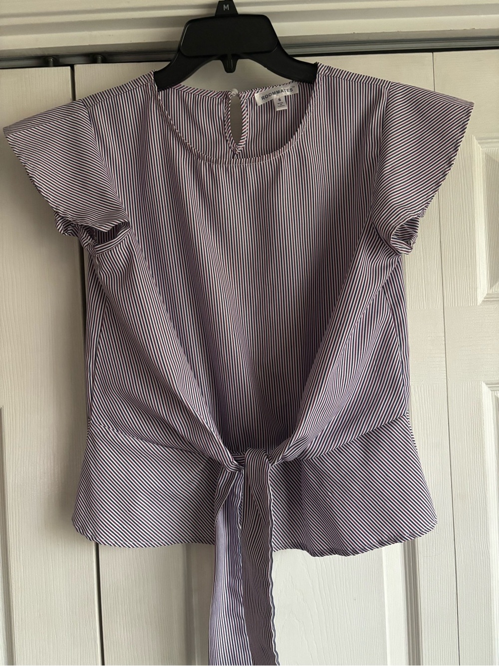 Roommates Burgundy/Navy -Striped Front Tie Blouse
